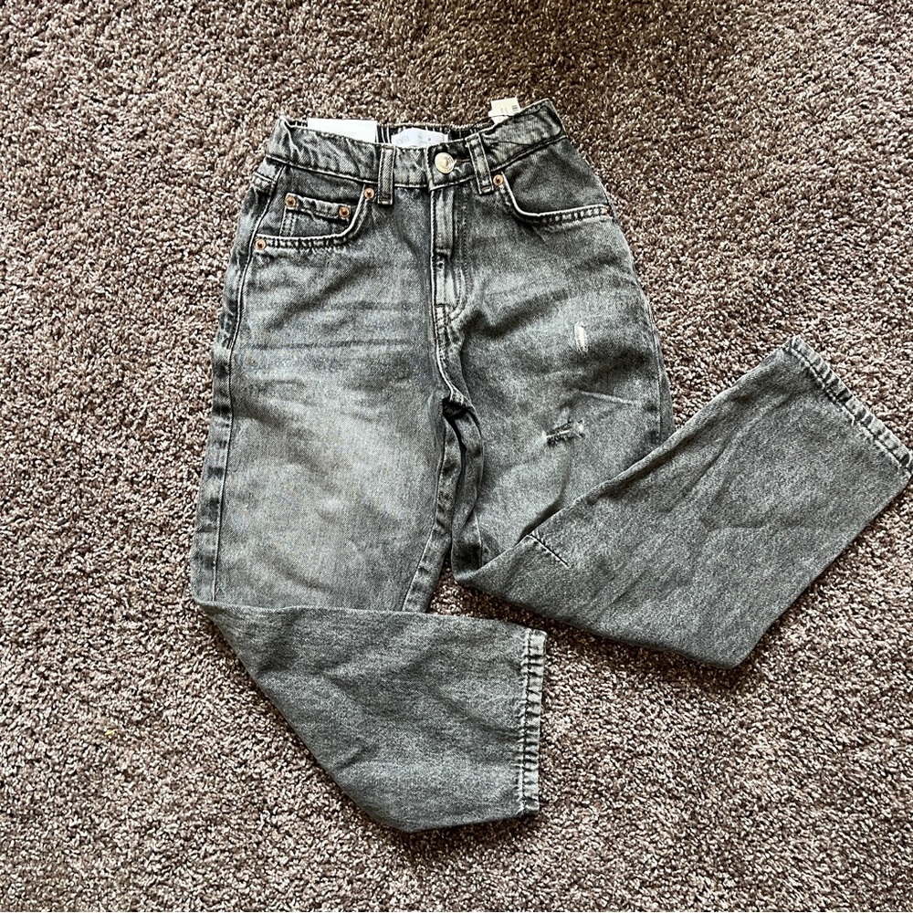NWT Zara Grey/Black Cotton Baggy Jeans Size 9 Elastic Waist